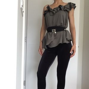 One shoulder ruffle green top